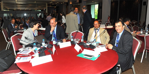 JPSCs for CES-MED/SUDEP, 5-6 May 2015, Morocco. From left: Virginie Guy, SUDEP Project Coordinator; Mohamed Sefiani, Mayor of Chefahaouen, Morocco; Adbellatif Boucetta, SUDEP Project Coordinator; and Adnane El Ghazi, Head of Planning, Environment and Sustainable Development, Oudja, Morocco. In the background, engaged in discussion (in black), Pierre Couté, Local Development Expert Maghreb – KE2 CES-MED.
