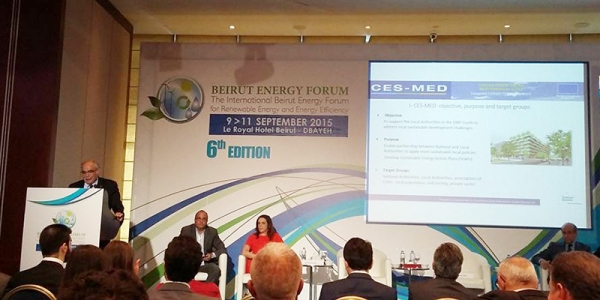 6th Beirut Energy Forum, Sept 2015:  Special CES-MED session on Role of Municipalities in the Development of Energy Efficiency. Photo: presentation by the Team Leader, Mr Naguib Amin. ES-MED (here in the picture the three Team Leaders) were present with a common booth. CES-MED was one of 3 project finalists for the BEF award "Energy Ambassador 2015" (2 of which HD-led).