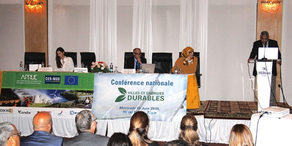National conference "Cities and Sustainable Energy" hosted by CES-MED and the Agency for the Promotion and Rational Use of Energy (APRUE), 10 June 2015, Algiers. The conference was attended by over a hundred delegates from Municipal Councils, municipal representatives, institutional and business stakeholders (the Ministry of Energy, DGCL, DUE Algiers, ANME Tunisia). It discussed topics related to waste management, transport and public lighting.