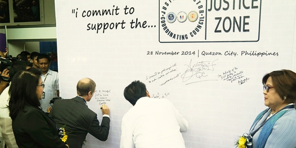 28 Nov 2014, launch of pilot Justice Zone in Quezon City.  Justice Zones in the Philippines are initiated by the Justice Sector Coordinating Council (JSCC), as a joint effort of the executive and judiciary to address delays and inefficiencies in the justice system through sector-wide coordination. 