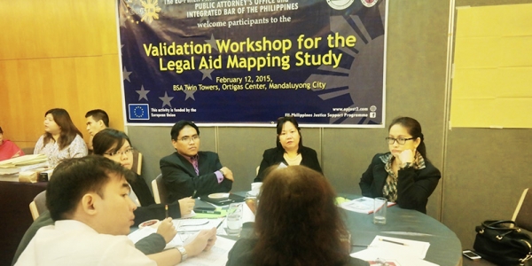 11-13 Feb 2015, Validation Workshop on Legal Aid Mapping Study for representatives of the Public Attorney’s Office (PAO), the Integrated Bar of the Philippines (IBP), academia, and NGOs working in law reform and human rights. The proposed Legal Aid Referral System is a scheme to put order into addressing the legal aid needs of poor Filipinos home and abroad. The workshop discussed the findings of EPJUST II legal aid mapping and referral system study; secured ownership of the conclusions; and arrived at agreement on strategies for legal aid and further role of organisations.